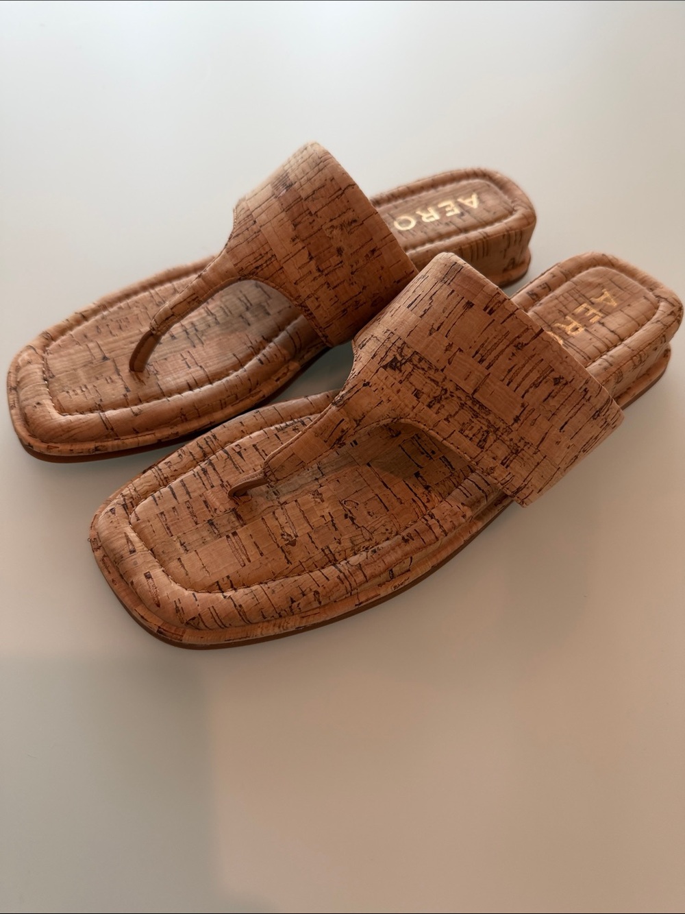 AEROSOLES Cork-Pattern Tan Thong Slide Sandals